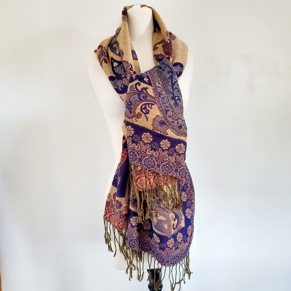 pashmina Accessories - Women 100% Pashmina Blue Gold Metallic Sparkle Floral Reversible Wraps/Shawl